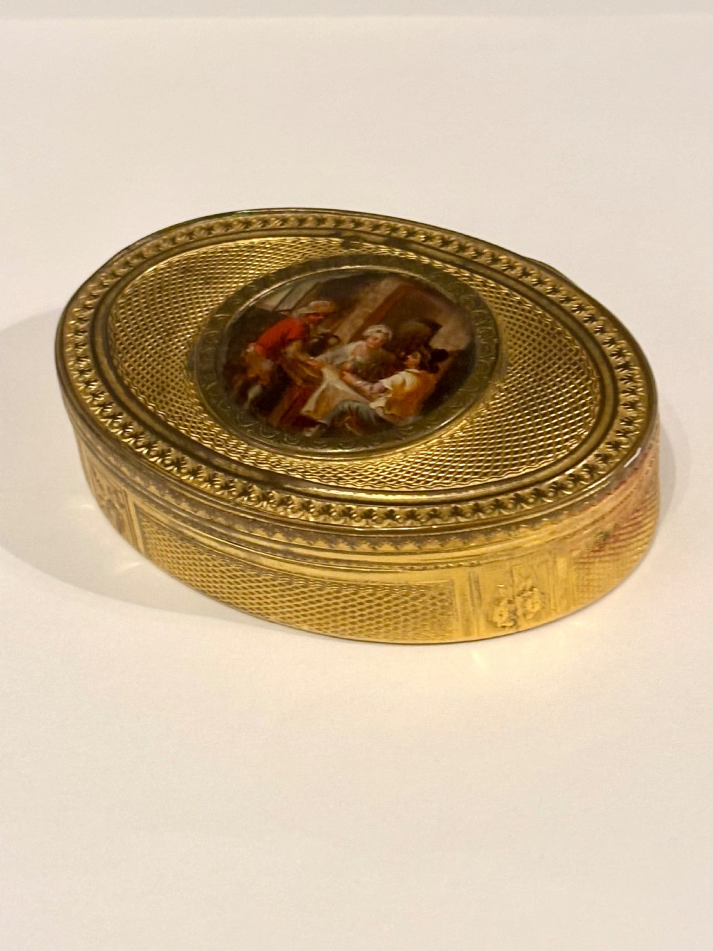 Antique 19th Century Oval Gilt Metal Snuff Box with inset Hand Painted Plaque View IV