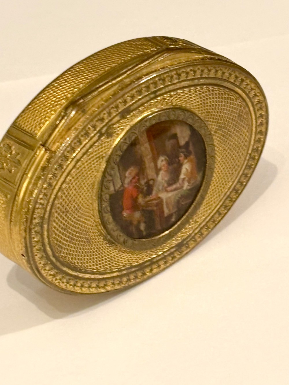 Antique 19th Century Oval Gilt Metal Snuff Box with inset Hand Painted Plaque View VI