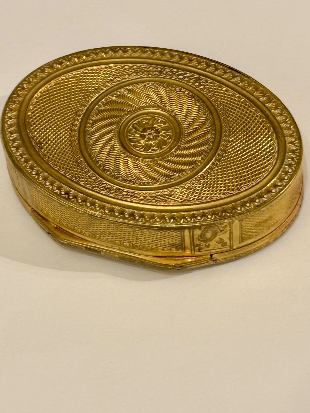 Antique 19th Century Oval Gilt Metal Snuff Box with inset Hand Painted Plaque View VII