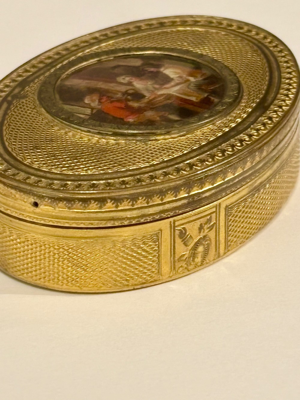 Antique 19th Century Oval Gilt Metal Snuff Box with inset Hand Painted Plaque View VIII