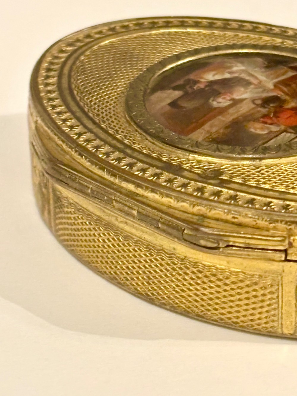 Antique 19th Century Oval Gilt Metal Snuff Box with inset Hand Painted Plaque View IX
