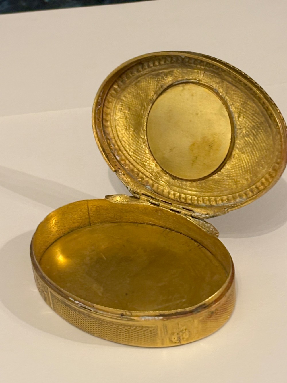 Antique 19th Century Oval Gilt Metal Snuff Box with inset Hand Painted Plaque View X
