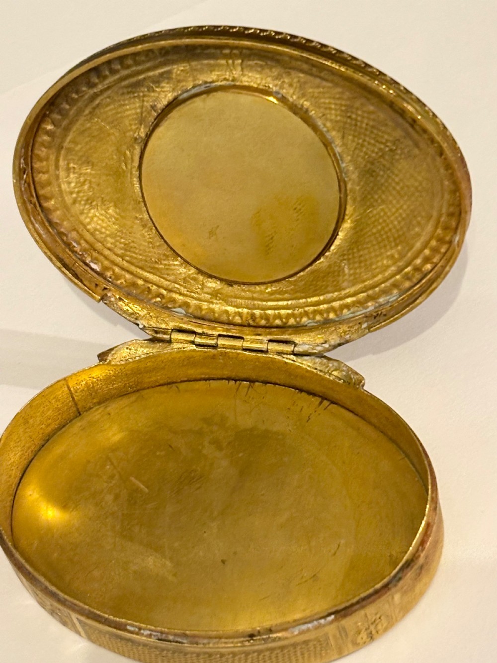 Antique 19th Century Oval Gilt Metal Snuff Box with inset Hand Painted Plaque View XI