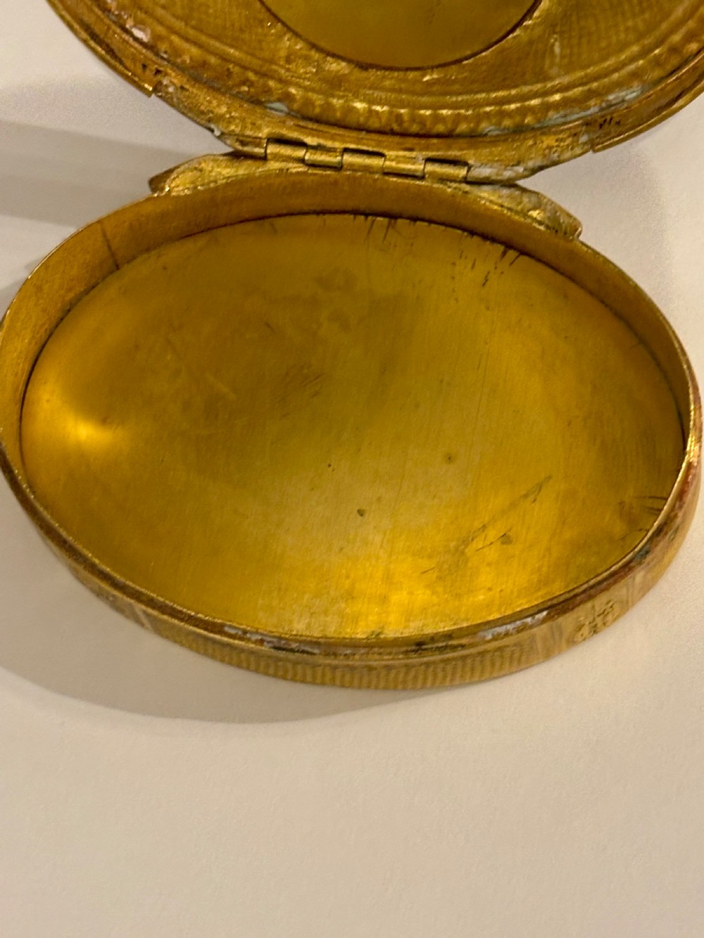Antique 19th Century Oval Gilt Metal Snuff Box with inset Hand Painted Plaque View XII