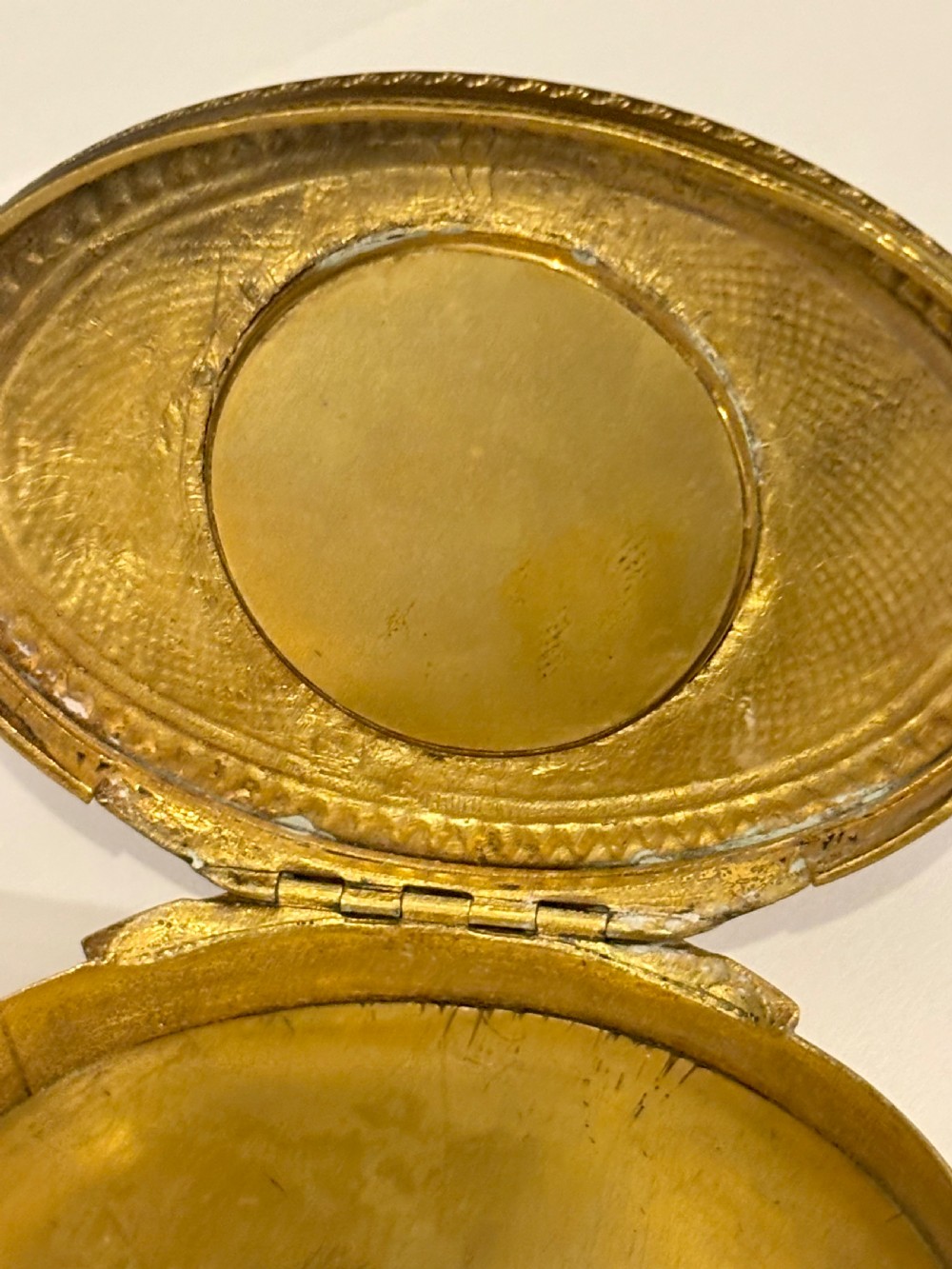 Antique 19th Century Oval Gilt Metal Snuff Box with inset Hand Painted Plaque View XIII
