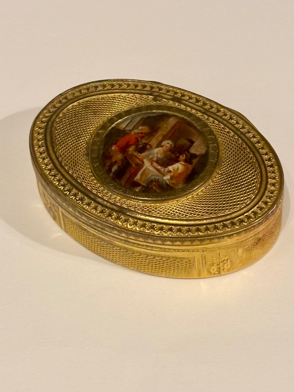 Antique 19th Century Oval Gilt Metal Snuff Box with inset Hand Painted Plaque View XIV