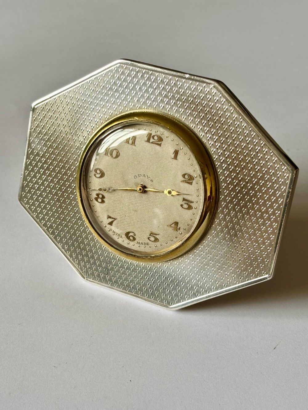 Art Deco Silver Swiss Made 8 Day Bedside Clock London 1929 BMC Ltd *WORKING*