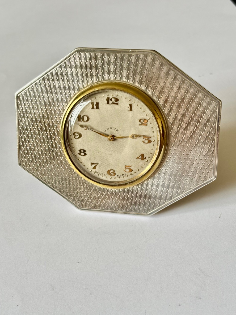 Art Deco Silver Swiss Made 8 Day Bedside Clock London 1929 BMC Ltd *WORKING* View XIII