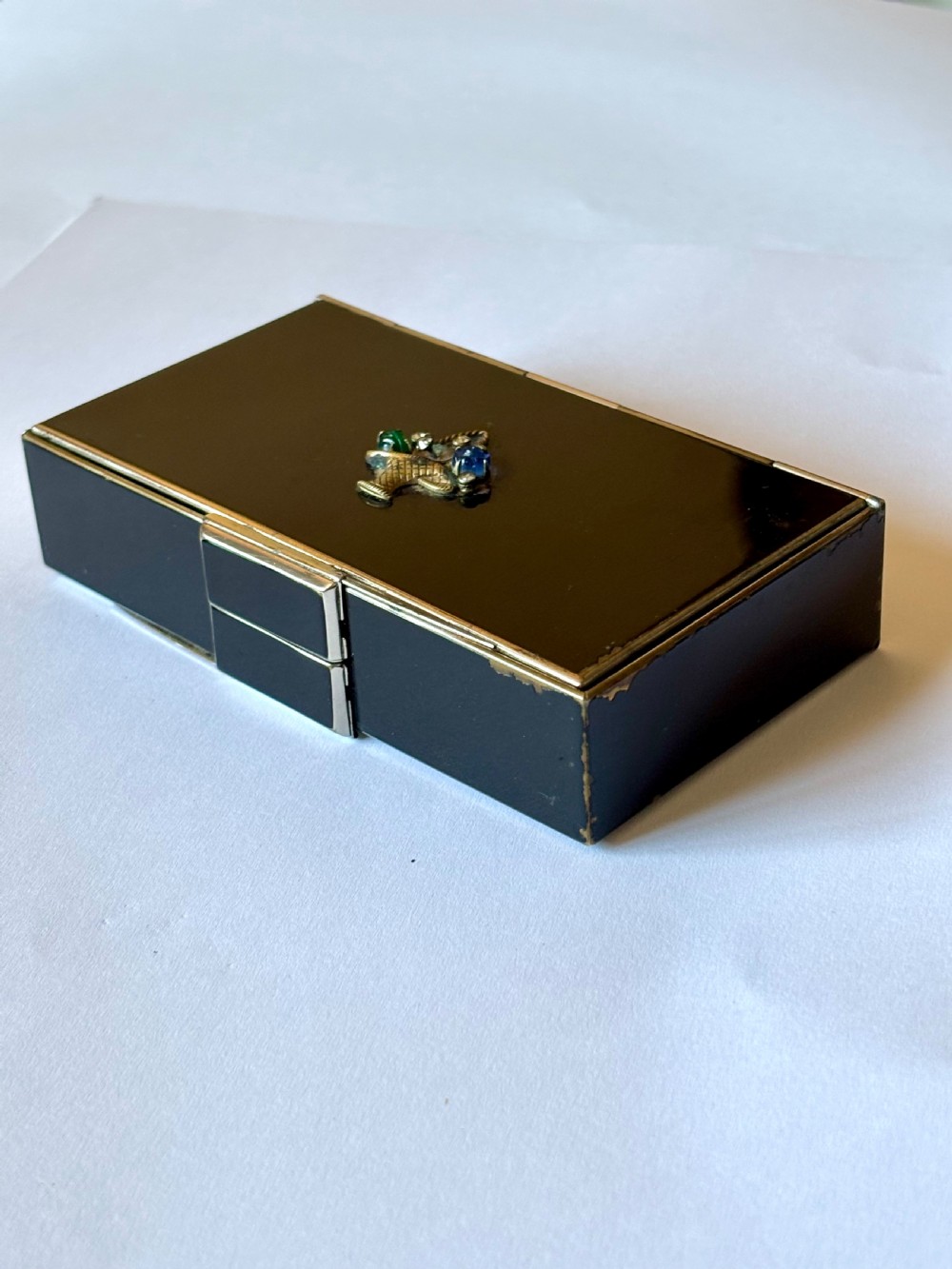 ART DECO Black Enamel & Chrome Compact Cigarette Case Minauderie c1930 View III
