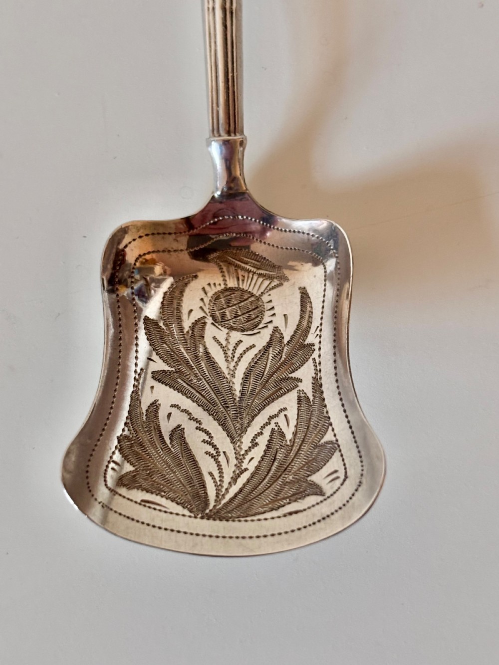 Antique Victorian Silver Caddy Spoon Hilliard & Thomason 1856 Scottish Thistle View II