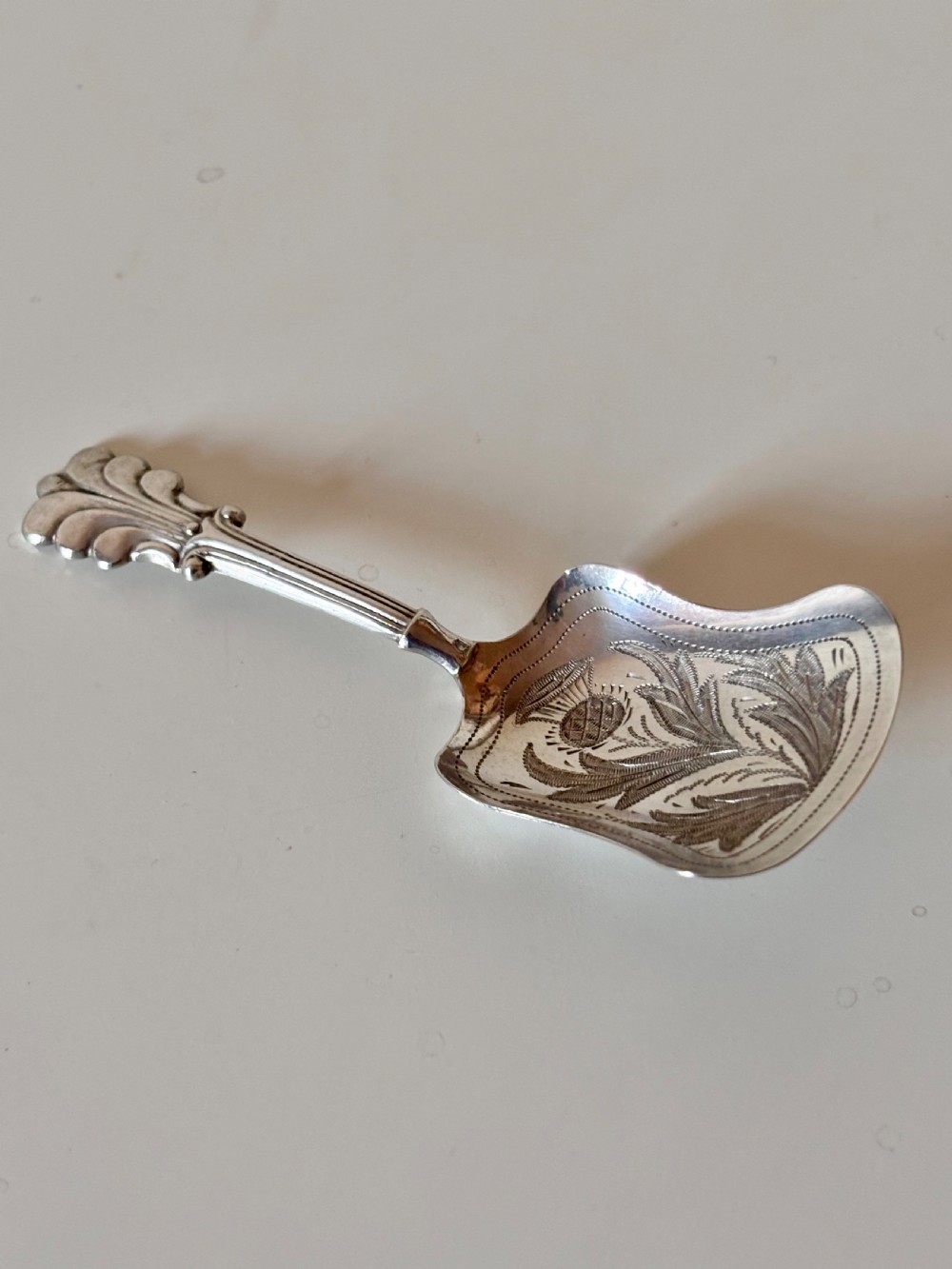 Antique Victorian Silver Caddy Spoon Hilliard & Thomason 1856 Scottish Thistle View III