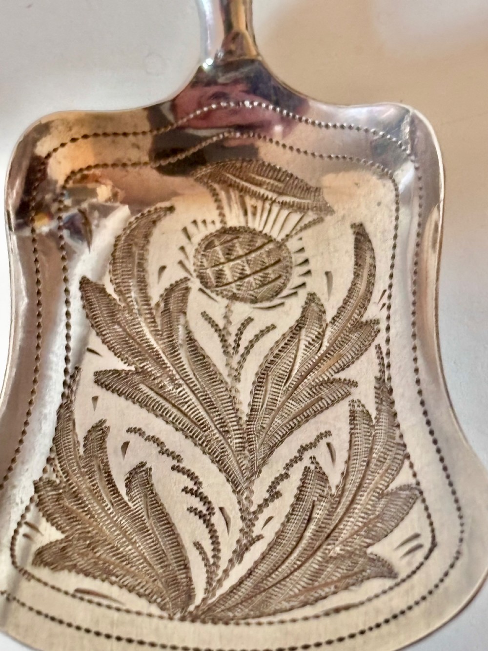 Antique Victorian Silver Caddy Spoon Hilliard & Thomason 1856 Scottish Thistle View V