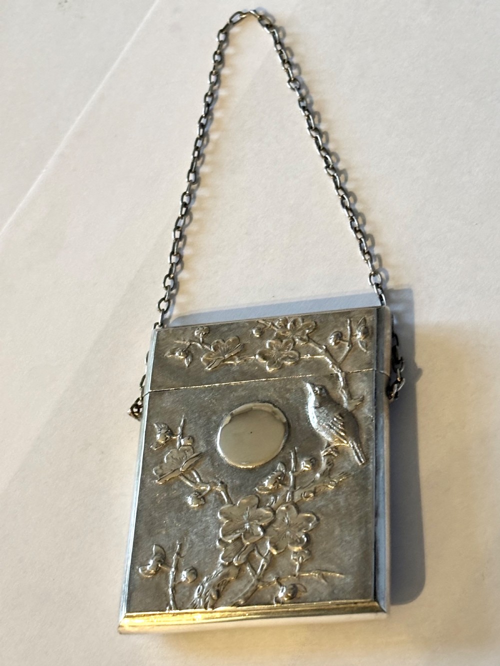 Antique Chinese Export Silver 90 Calling Card Case Birds Butterflies Flowers c1880