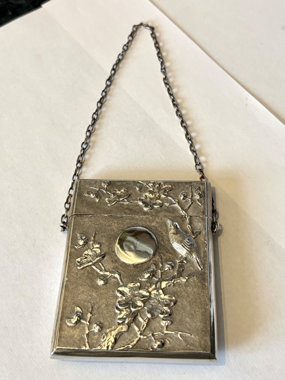 Antique Chinese Export Silver 90 Calling Card Case Birds Butterflies Flowers c1880 View II