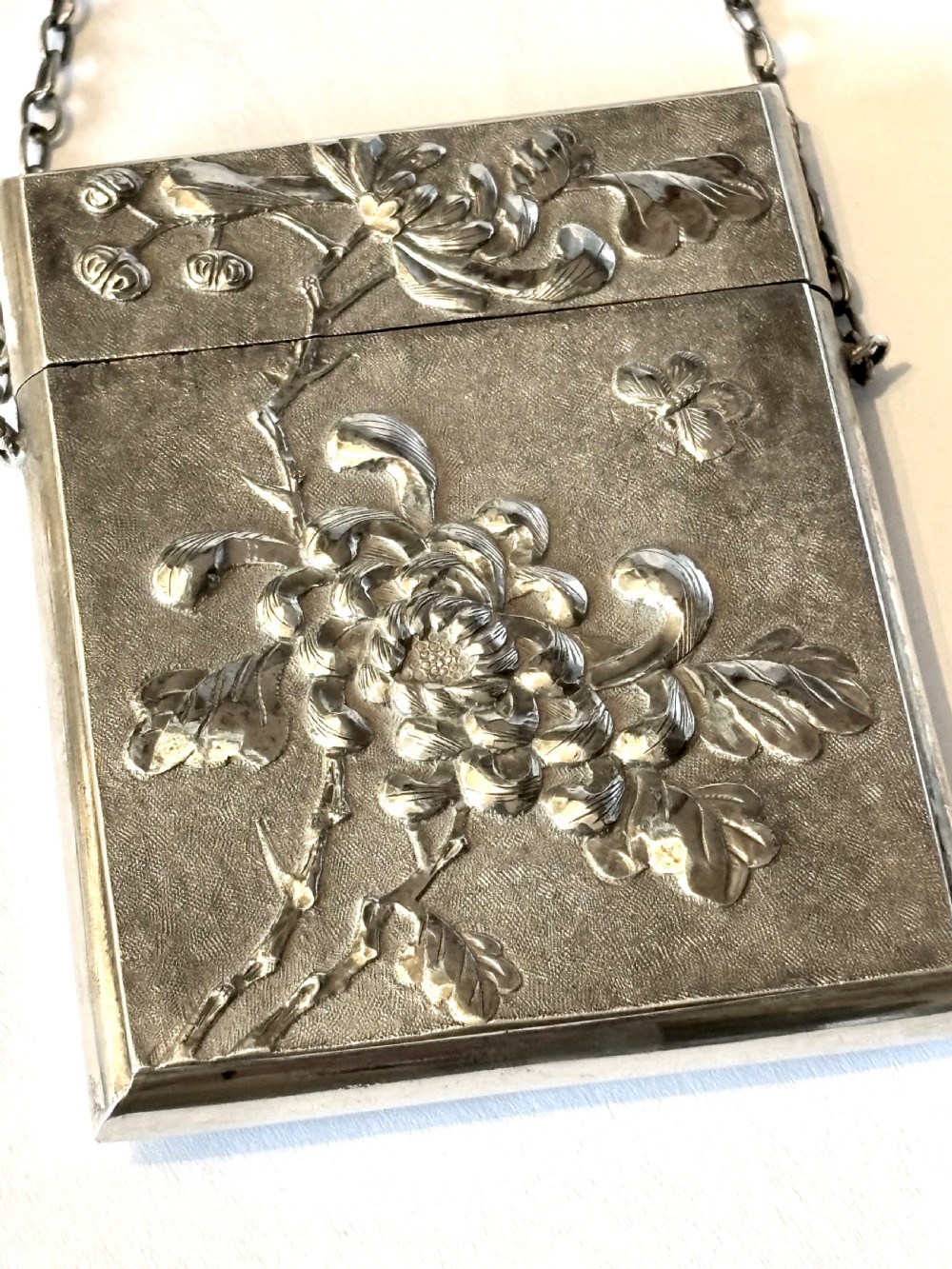 Antique Chinese Export Silver 90 Calling Card Case Birds Butterflies Flowers c1880 View III