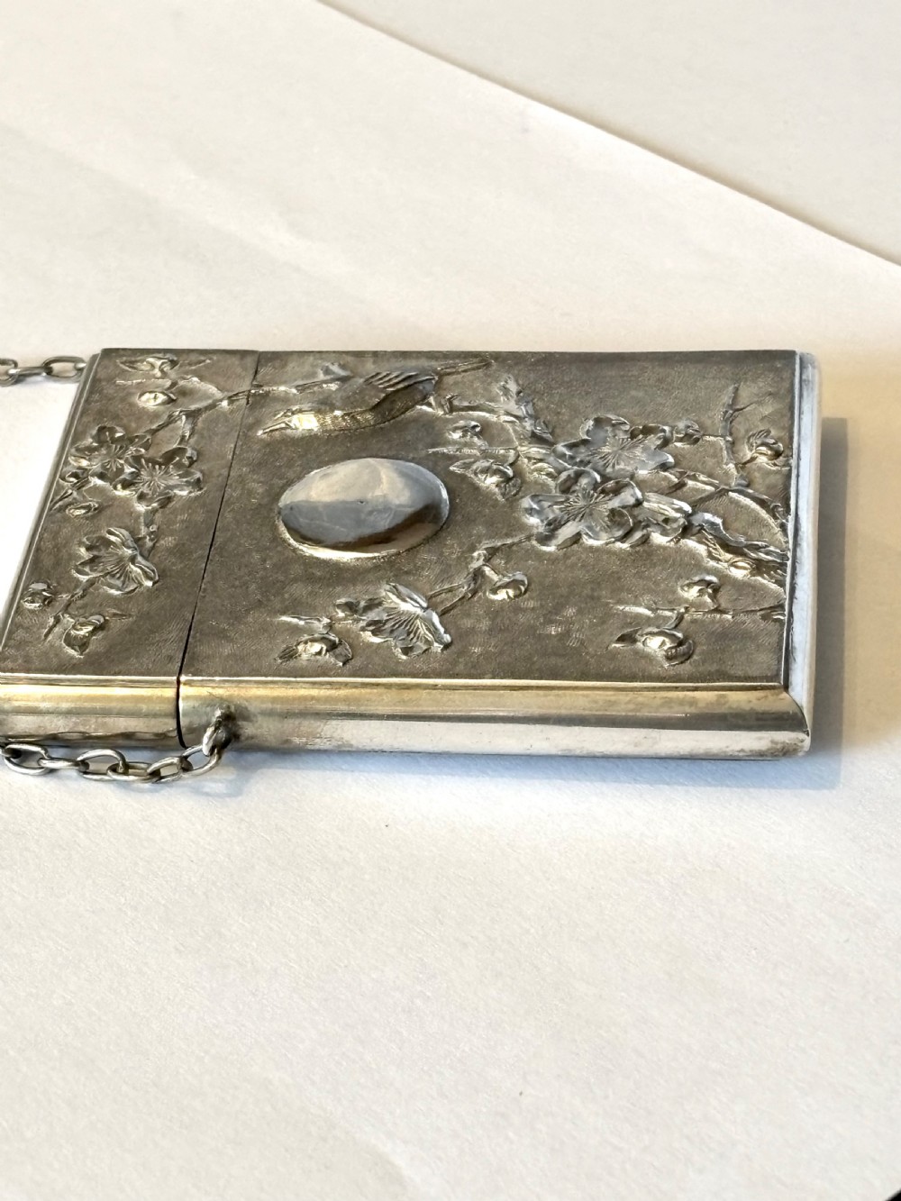 Antique Chinese Export Silver 90 Calling Card Case Birds Butterflies Flowers c1880 View IV