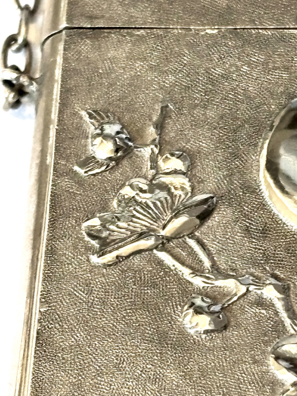 Antique Chinese Export Silver 90 Calling Card Case Birds Butterflies Flowers c1880 View V