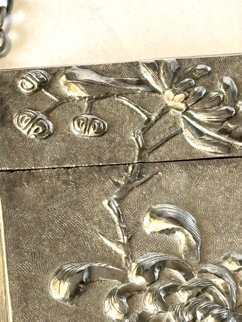 Antique Chinese Export Silver 90 Calling Card Case Birds Butterflies Flowers c1880 View VIII