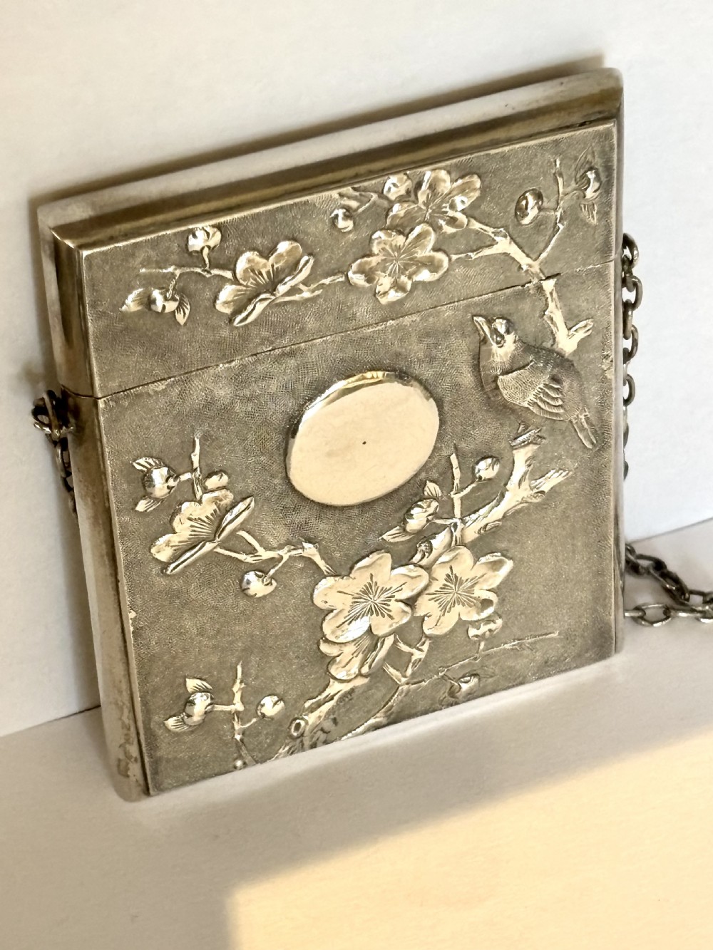 Antique Chinese Export Silver 90 Calling Card Case Birds Butterflies Flowers c1880 View XI