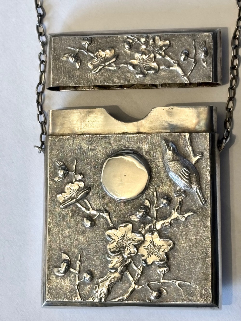 Antique Chinese Export Silver 90 Calling Card Case Birds Butterflies Flowers c1880 View XIII