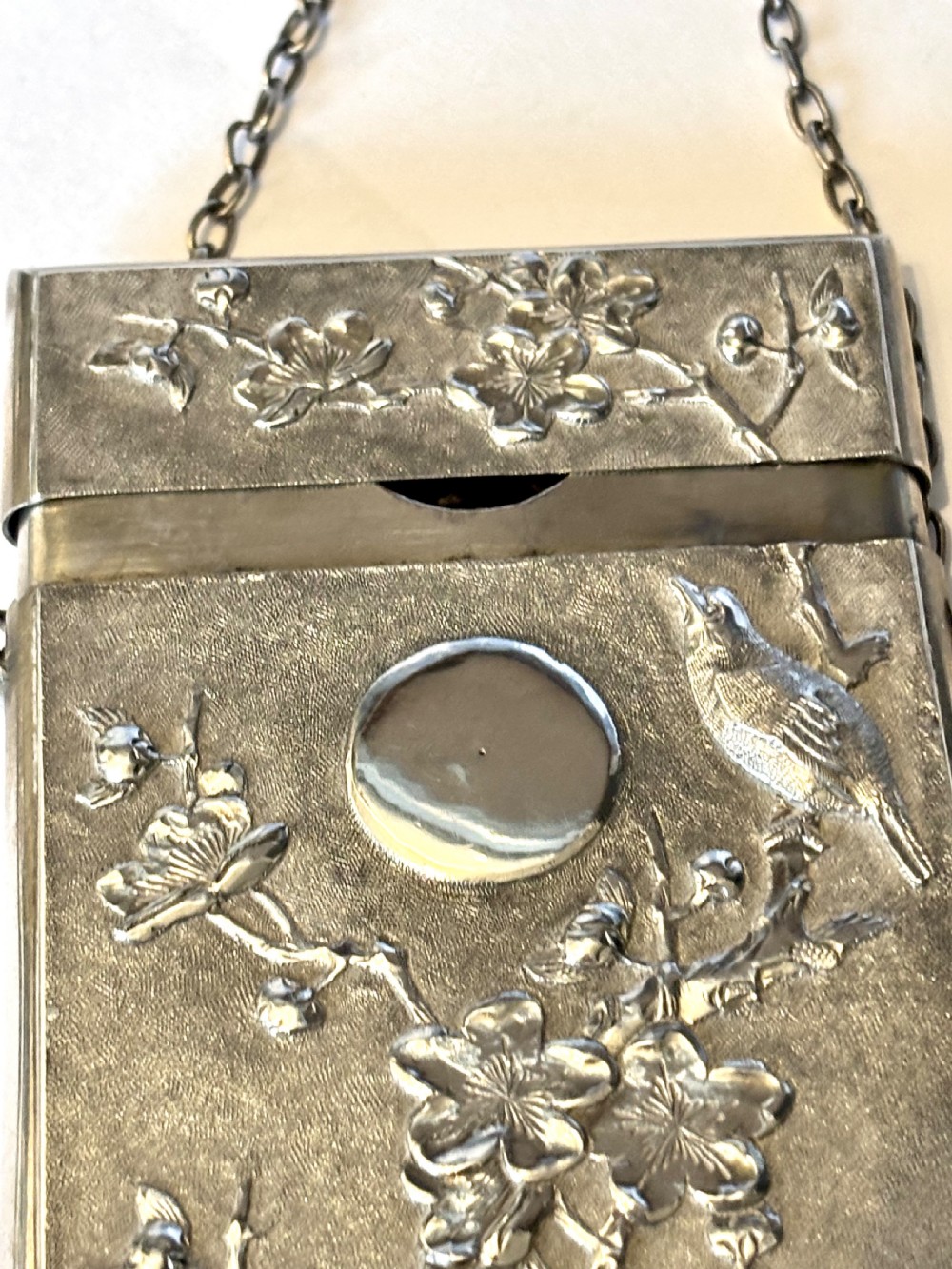 Antique Chinese Export Silver 90 Calling Card Case Birds Butterflies Flowers c1880 View XVI