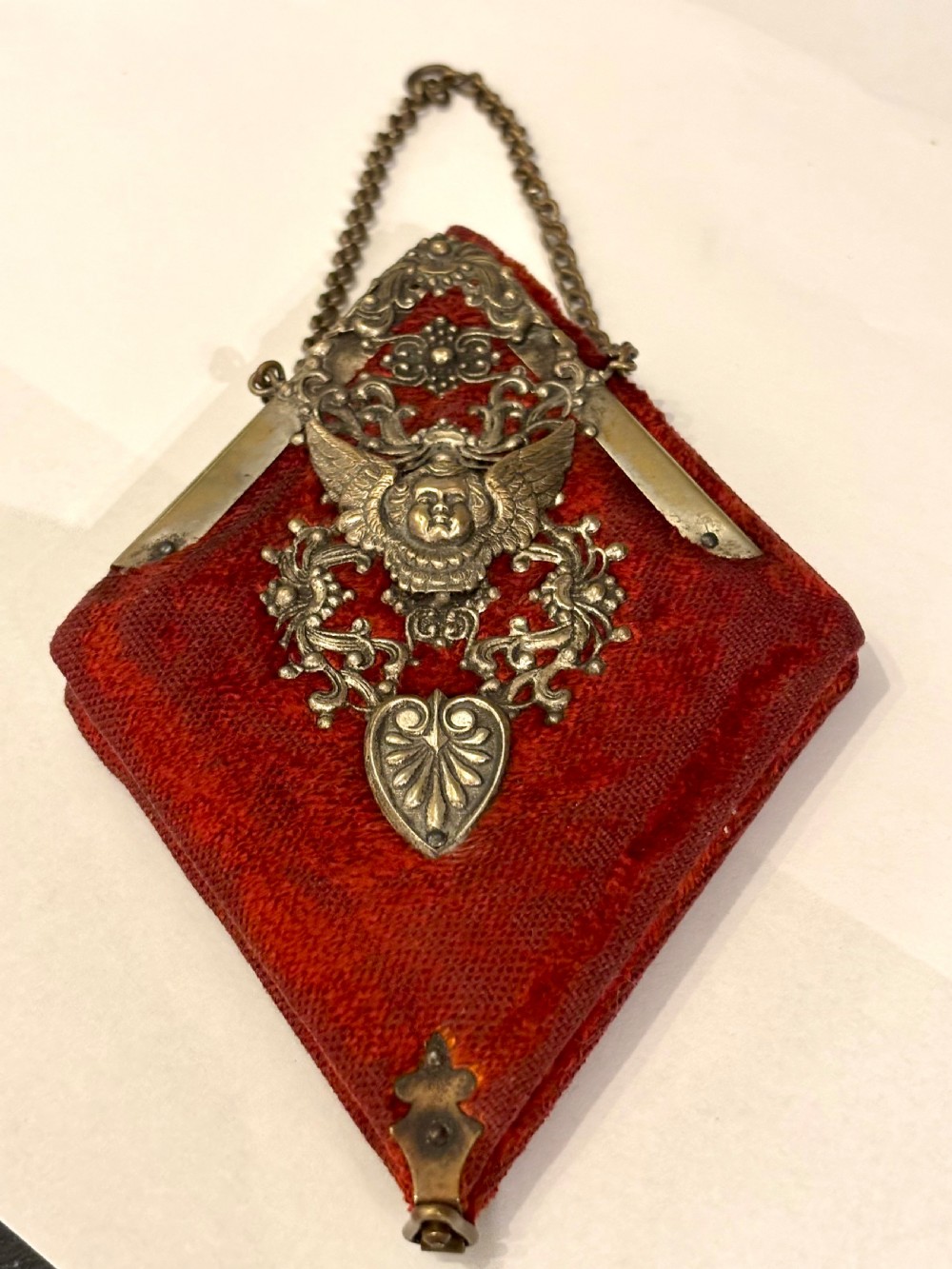 Antique Victorian Red Velvet & Cupid Design Aide Memoire Notebook for Chatelaine