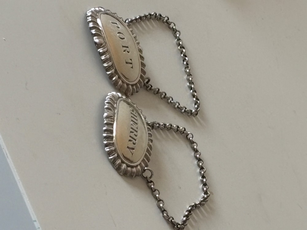 Victorian Pair Silver Decanter Labels SHERRY PORT  Ex Harveys Wine Museum View VI