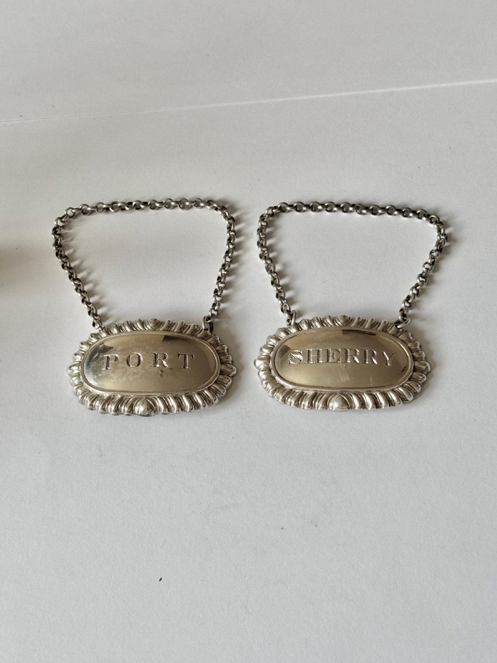 Victorian Pair Silver Decanter Labels SHERRY PORT  Ex Harveys Wine Museum View VII