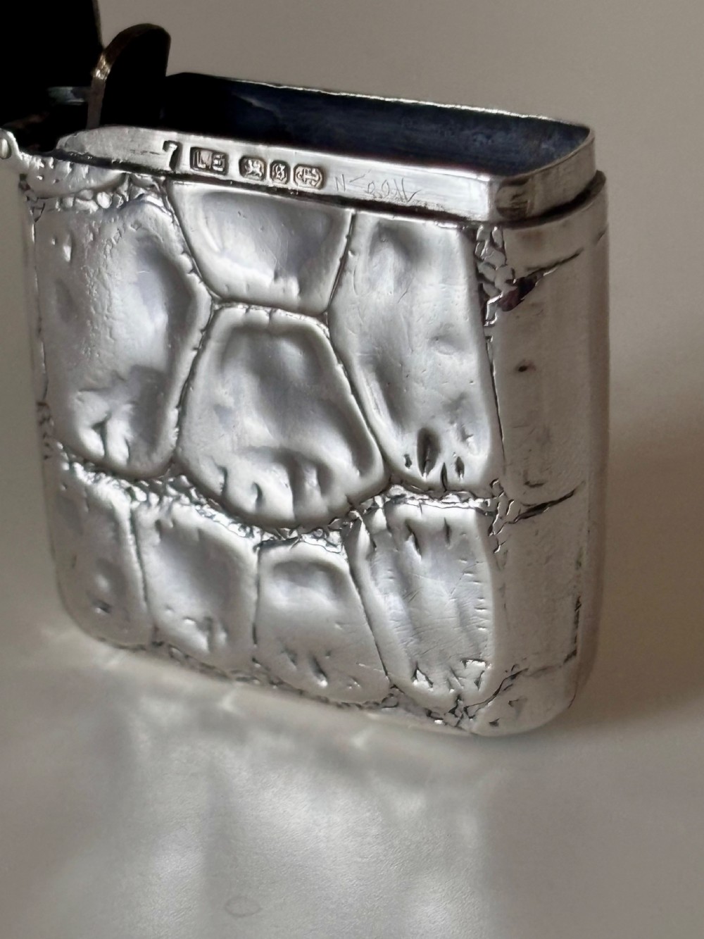 A rectangular Victorian sterling silver pocket vesta case with an embossed crocodile skin texture and hinged lid. View III