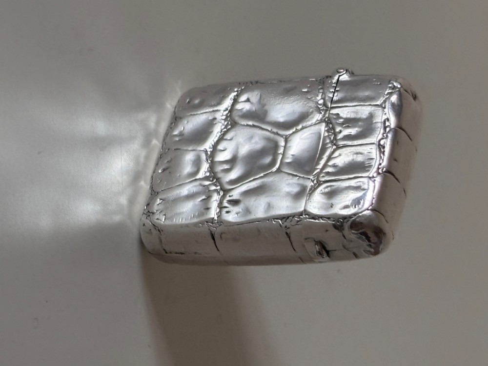 A rectangular Victorian sterling silver pocket vesta case with an embossed crocodile skin texture and hinged lid. View V