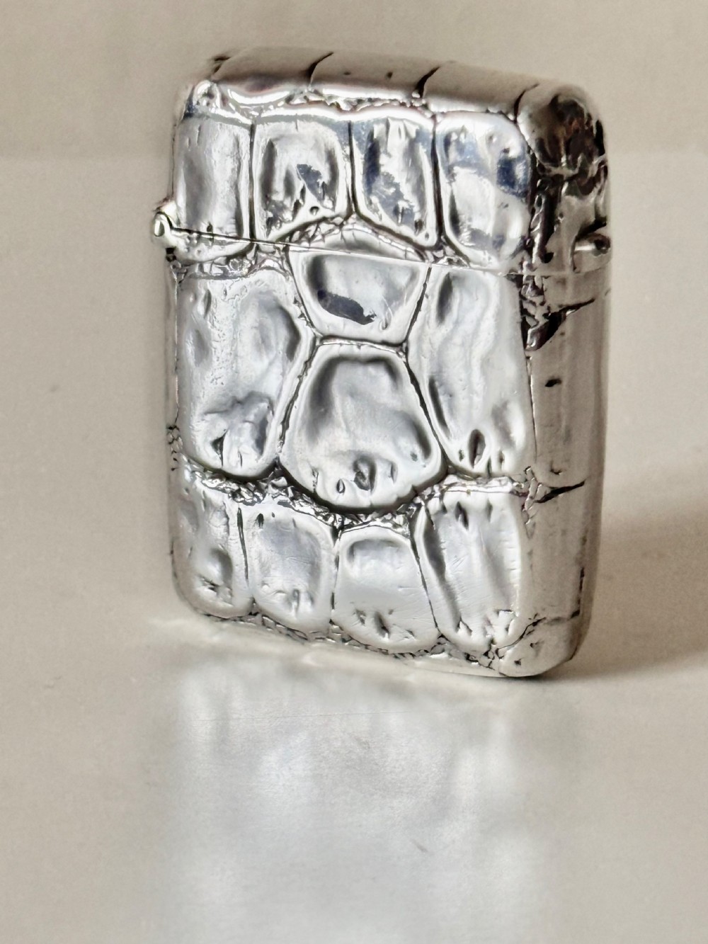 A rectangular Victorian sterling silver pocket vesta case with an embossed crocodile skin texture and hinged lid. View VI