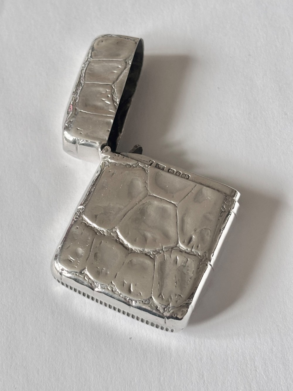 A rectangular Victorian sterling silver pocket vesta case with an embossed crocodile skin texture and hinged lid. View VIII