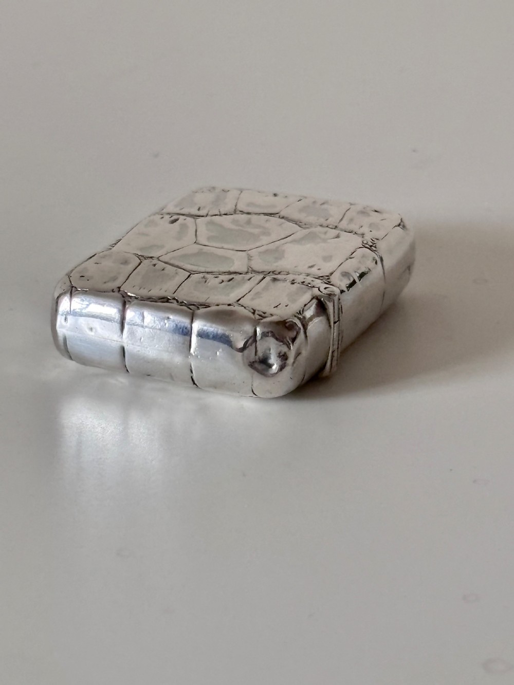 A rectangular Victorian sterling silver pocket vesta case with an embossed crocodile skin texture and hinged lid. View X
