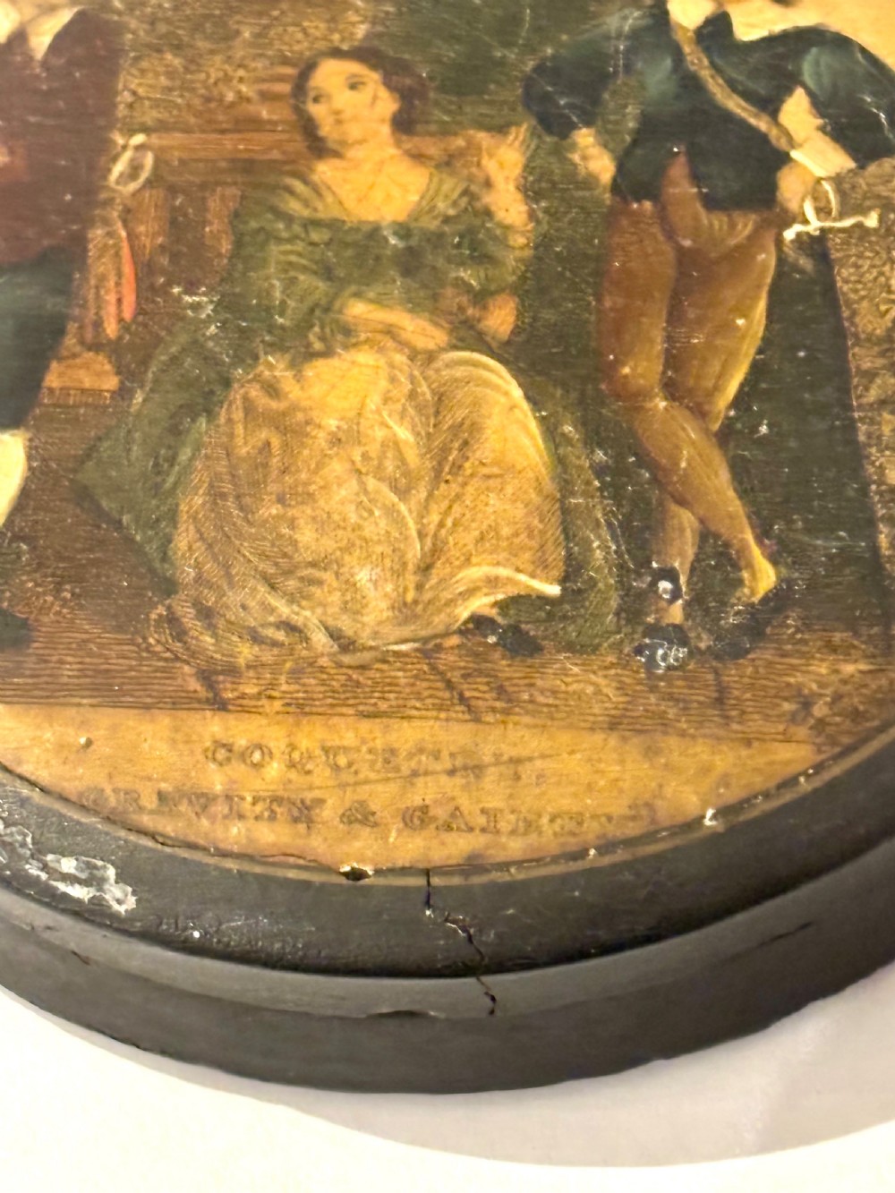 A 19th Century Circular Papier Mache Snuff Box Printed Coquette Gravity Gaiety View III