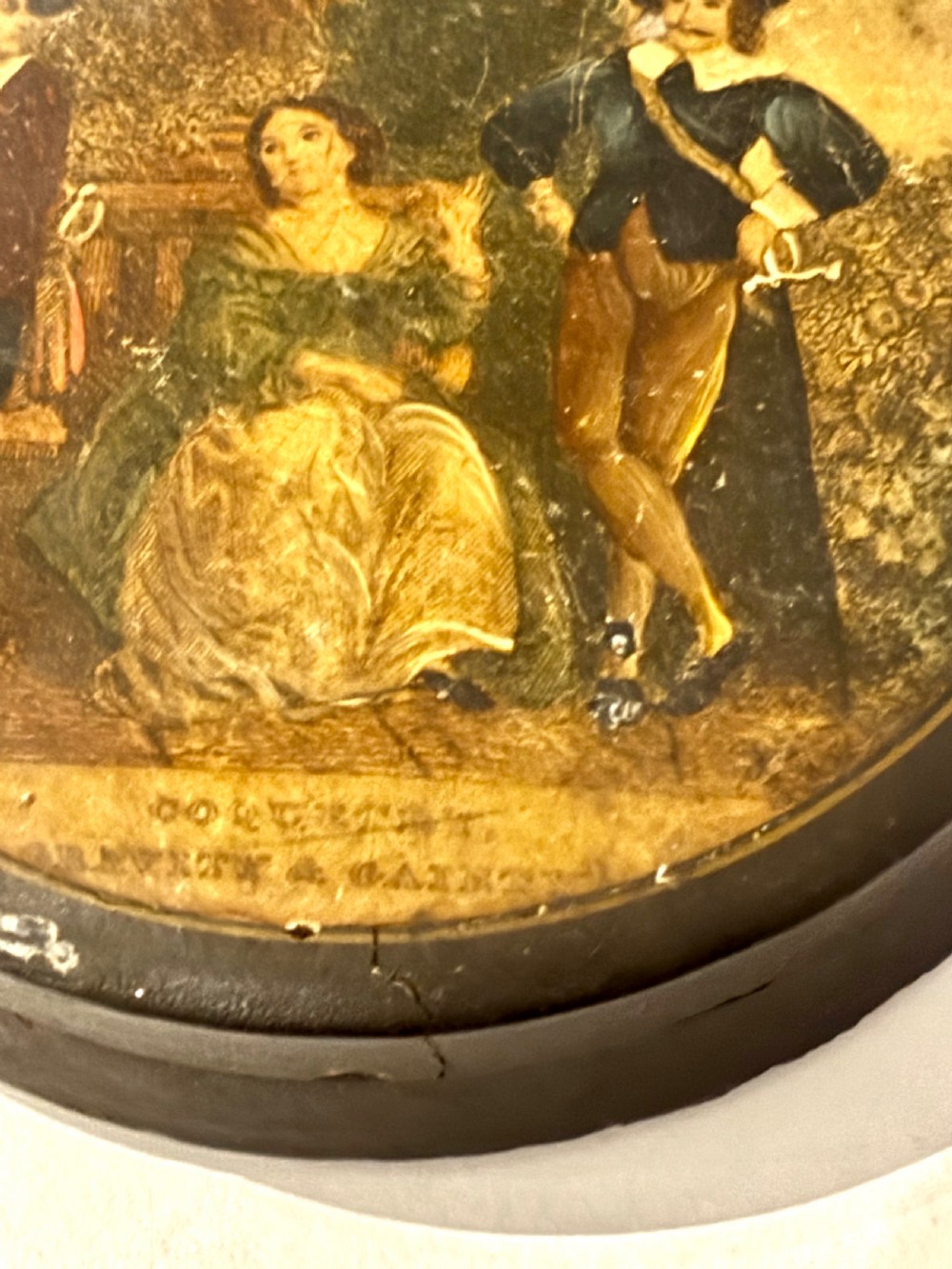 A 19th Century Circular Papier Mache Snuff Box Printed Coquette Gravity Gaiety View V
