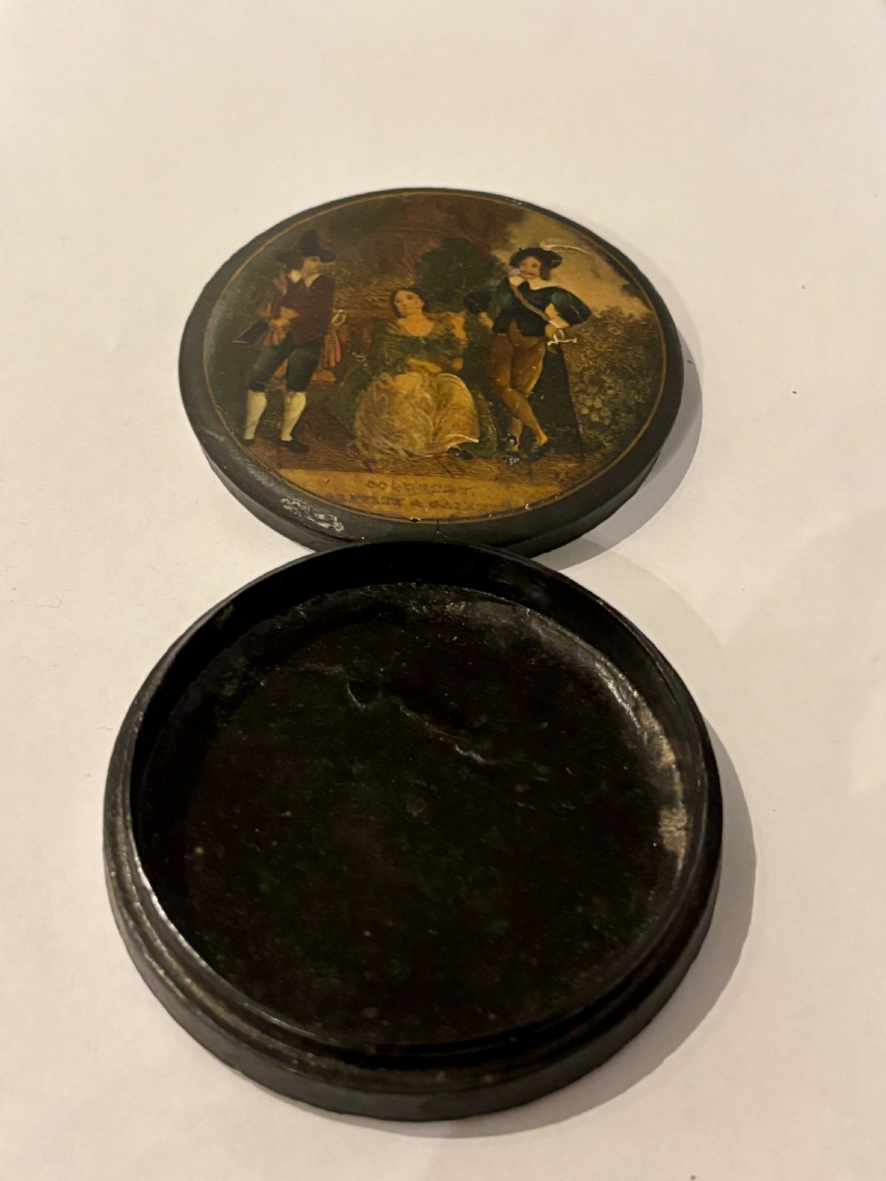 A 19th Century Circular Papier Mache Snuff Box Printed Coquette Gravity Gaiety View VII
