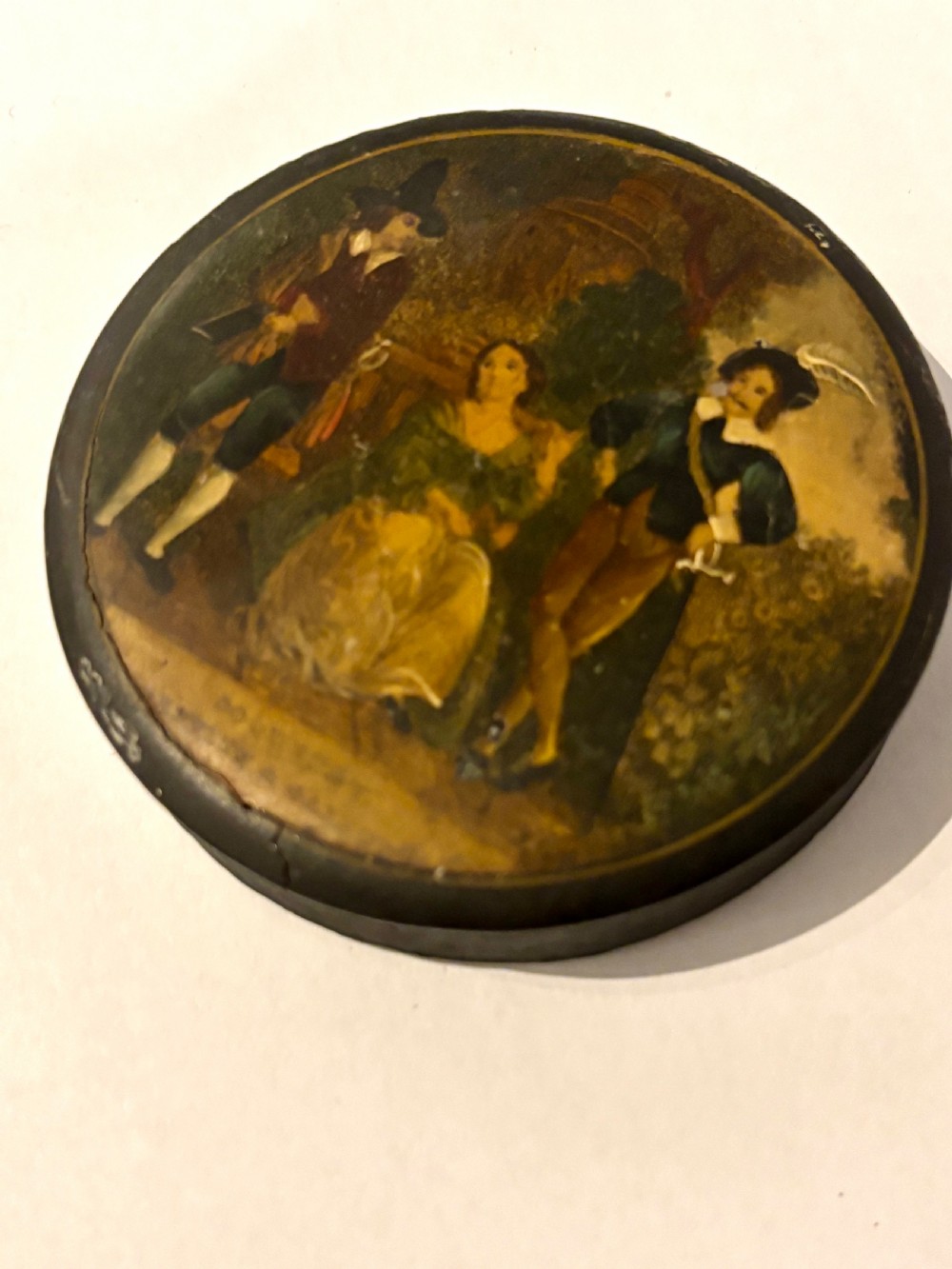 A 19th Century Circular Papier Mache Snuff Box Printed Coquette Gravity Gaiety View IX