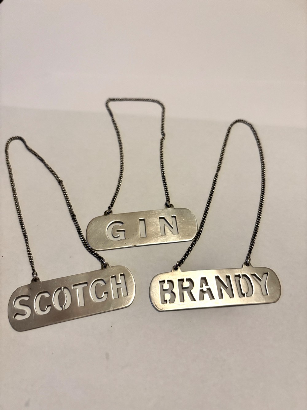Chinese Export Sterling Silver Decanter Labels SAMMY HONG KONG c1920 SCOTCH GIN BRANDY View II