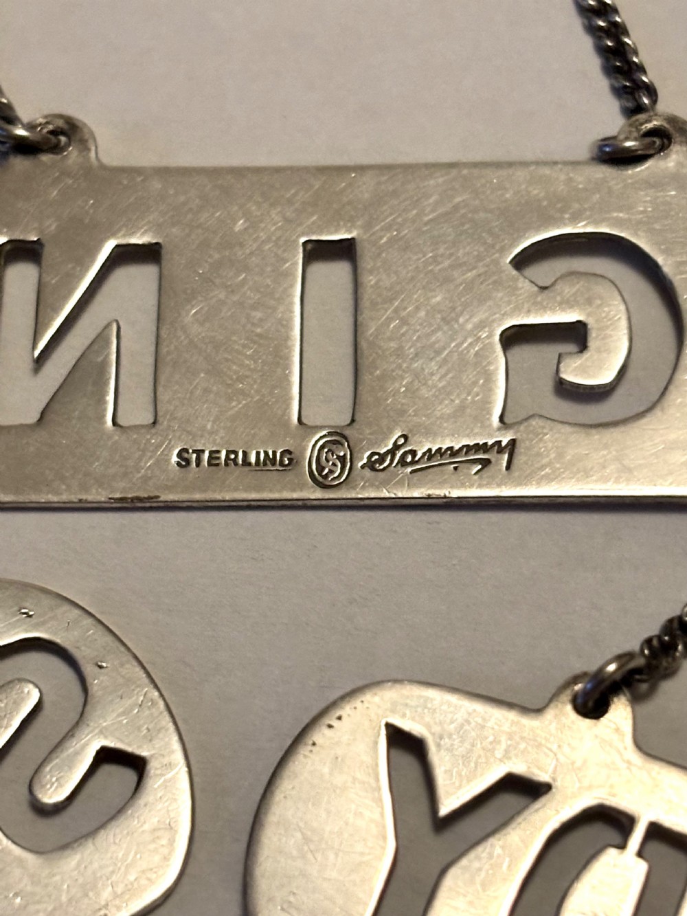 Chinese Export Sterling Silver Decanter Labels SAMMY HONG KONG c1920 SCOTCH GIN BRANDY View VI