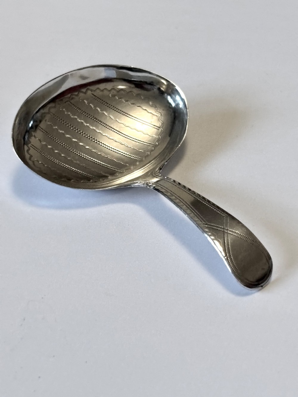 George III Silver Bright-cut Caddy Spoon Joseph Taylor Birmingham 1796 View II