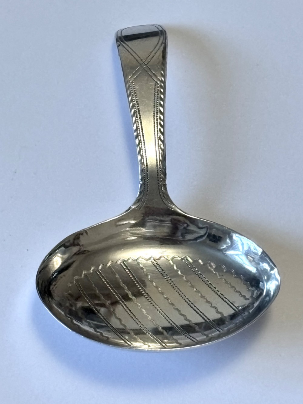 George III Silver Bright-cut Caddy Spoon Joseph Taylor Birmingham 1796 View III