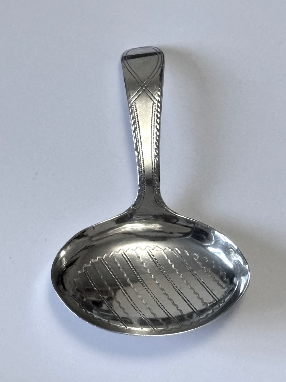 George III Silver Bright-cut Caddy Spoon Joseph Taylor Birmingham 1796 View V
