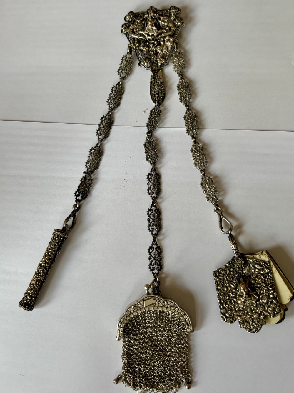 Victorian 19th Century Silver Plated Chatelain Floral Motifs Head Of Viking
