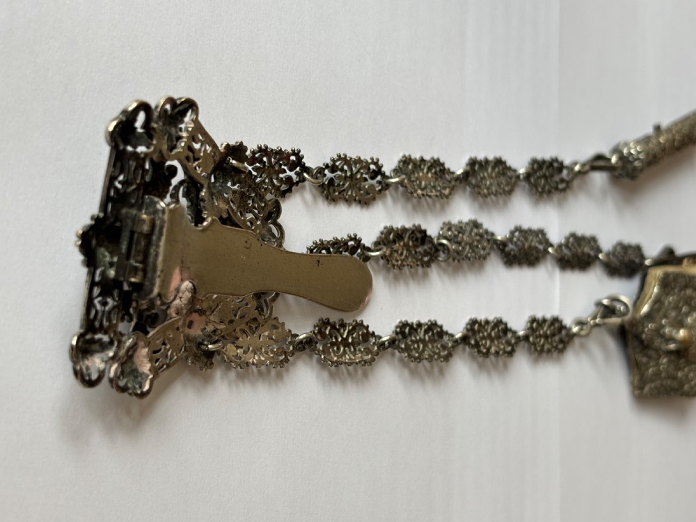 Victorian 19th Century Silver Plated Chatelain Floral Motifs Head Of Viking View II
