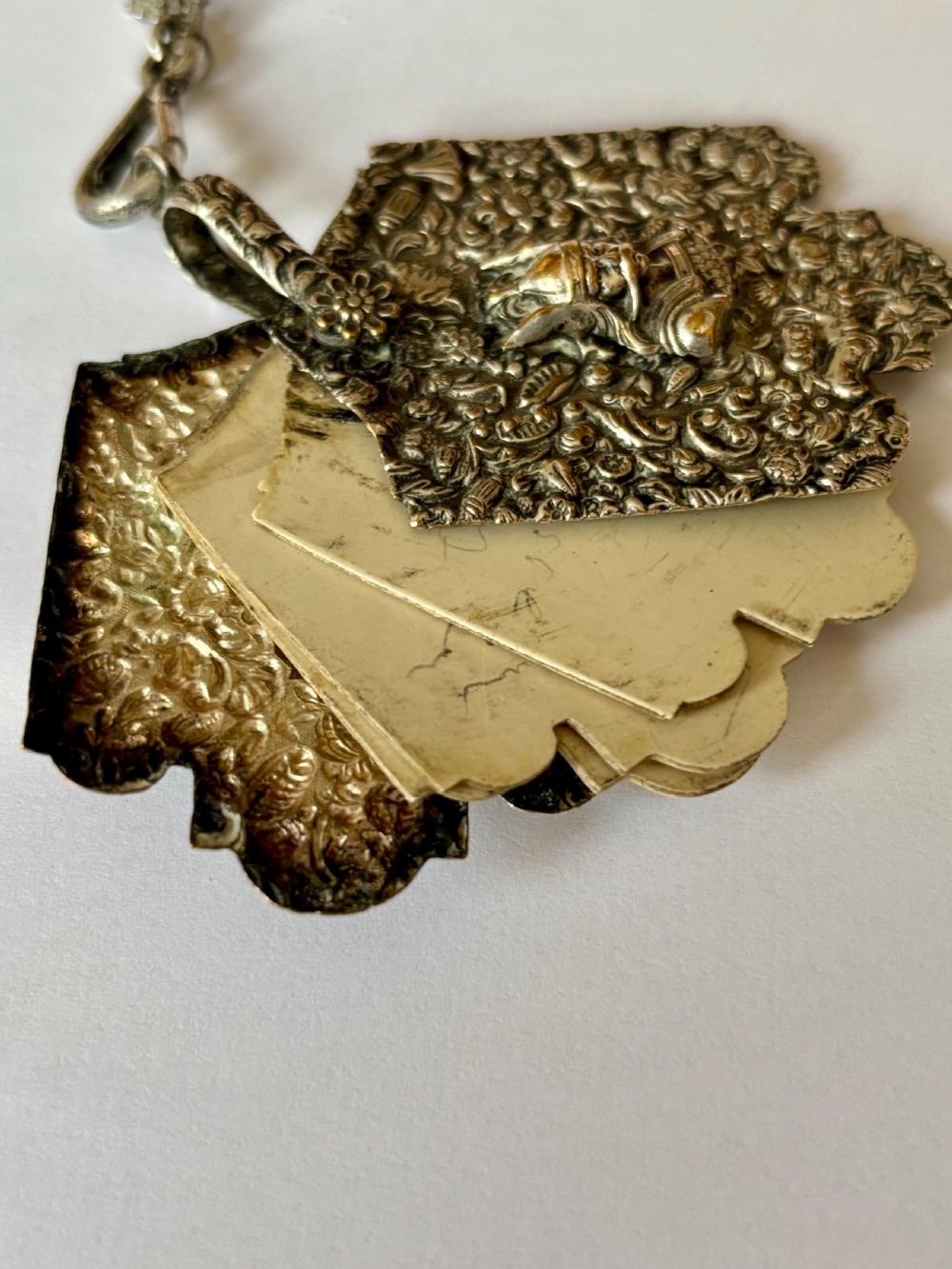 Victorian 19th Century Silver Plated Chatelain Floral Motifs Head Of Viking View X