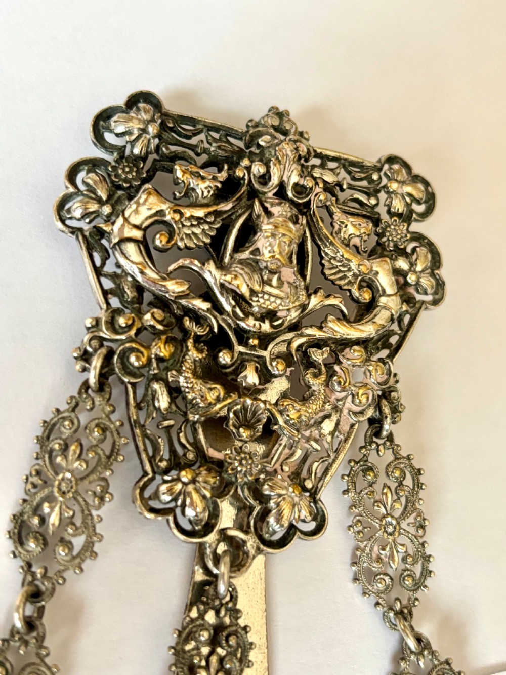 Victorian 19th Century Silver Plated Chatelain Floral Motifs Head Of Viking View XI