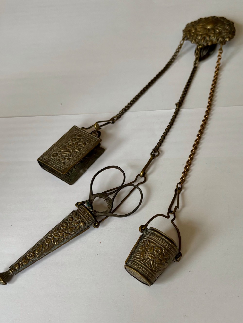 Victorian 19th Century Gilt Metal Chatelain Flowers & Foliage Thimble Scissors