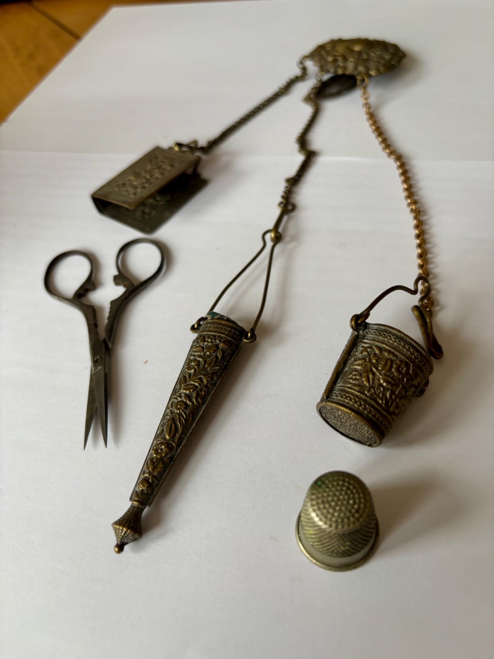 Victorian 19th Century Gilt Metal Chatelain Flowers & Foliage Thimble Scissors View II