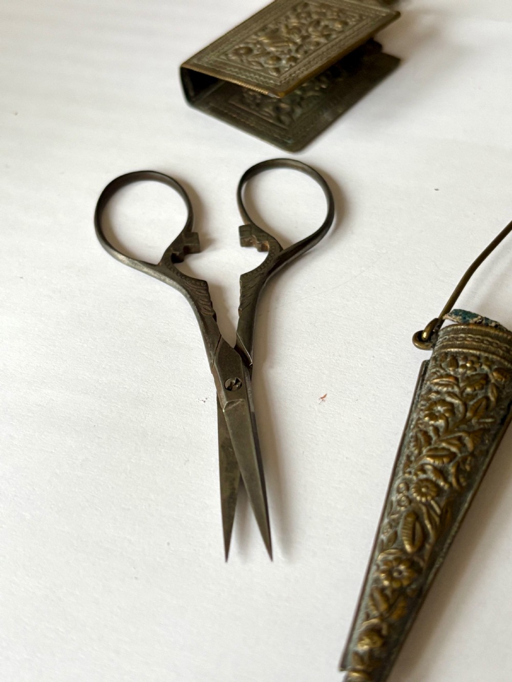 Victorian 19th Century Gilt Metal Chatelain Flowers & Foliage Thimble Scissors View VI