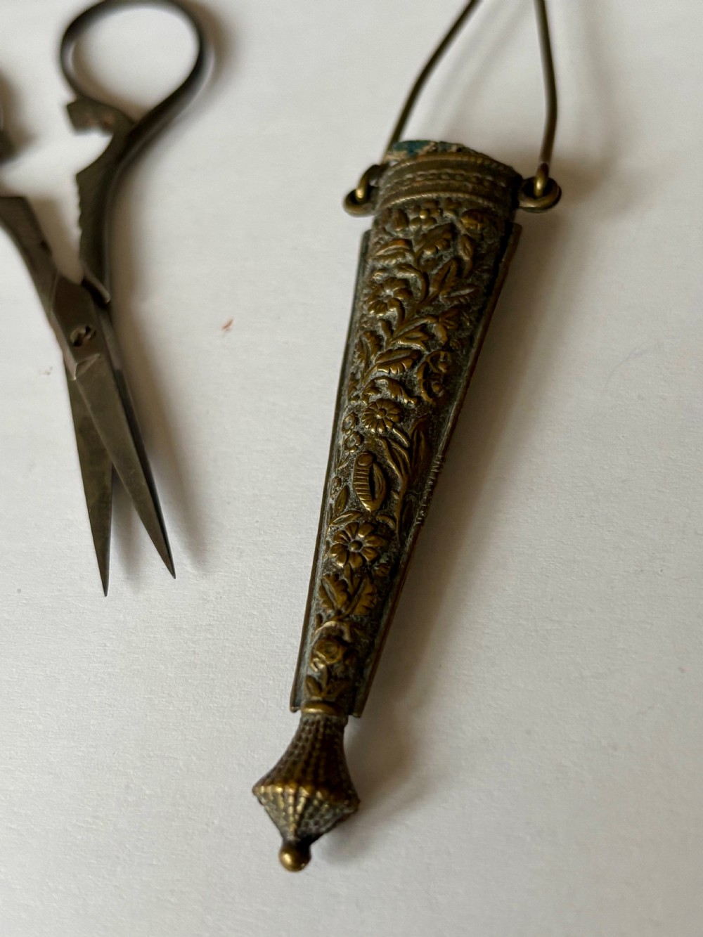 Victorian 19th Century Gilt Metal Chatelain Flowers & Foliage Thimble Scissors View VII